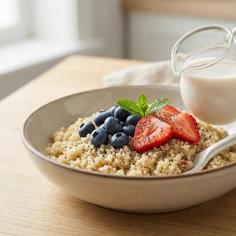 Quinoa Berry Breakfast Bowl - Warm quinoa cooked in almond milk, topped with mixed berries and chia. A natural