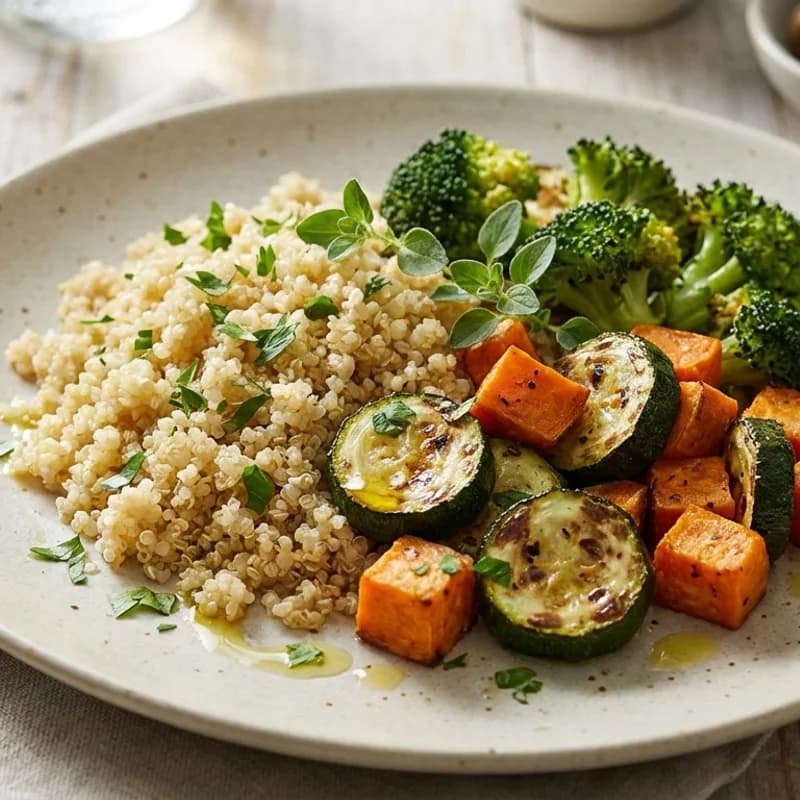 Quinoa Roasted Vegetable Bowl - Warm quinoa topped with roasted sweet potato, zucchini, and broccoli, finished w