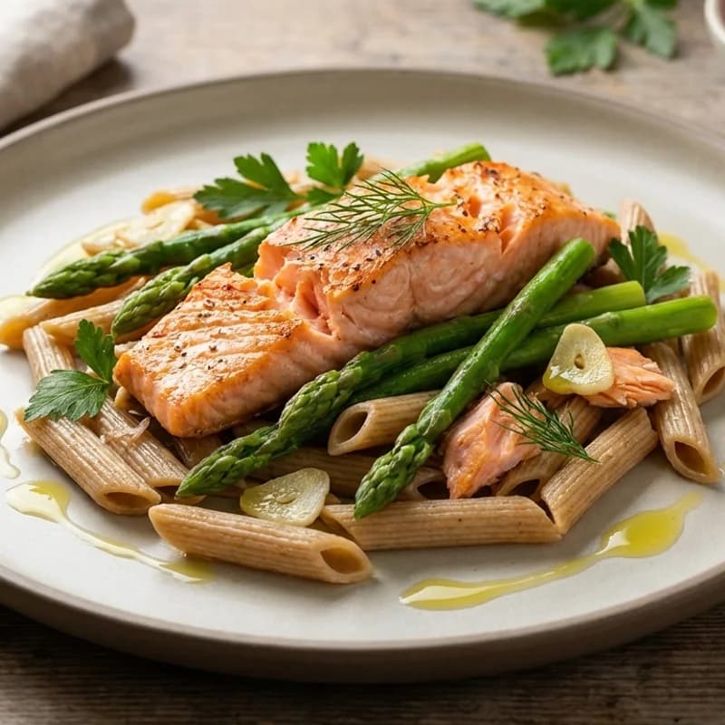 Salmon & Asparagus Pasta (Low Sodium) - Seared salmon and tender asparagus tossed with whole wheat pasta, olive oil, and