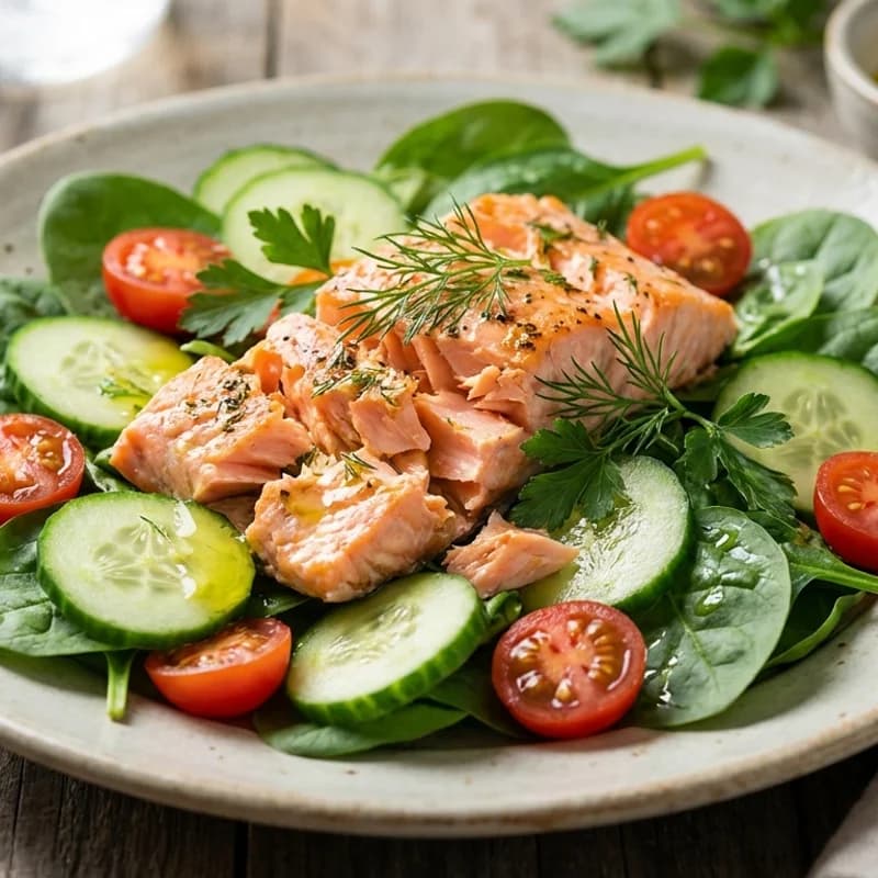 Salmon Cucumber Spinach Salad Bowl (Low Sodium) - Baked salmon served over spinach with cucumber and cherry tomatoes, dressed with