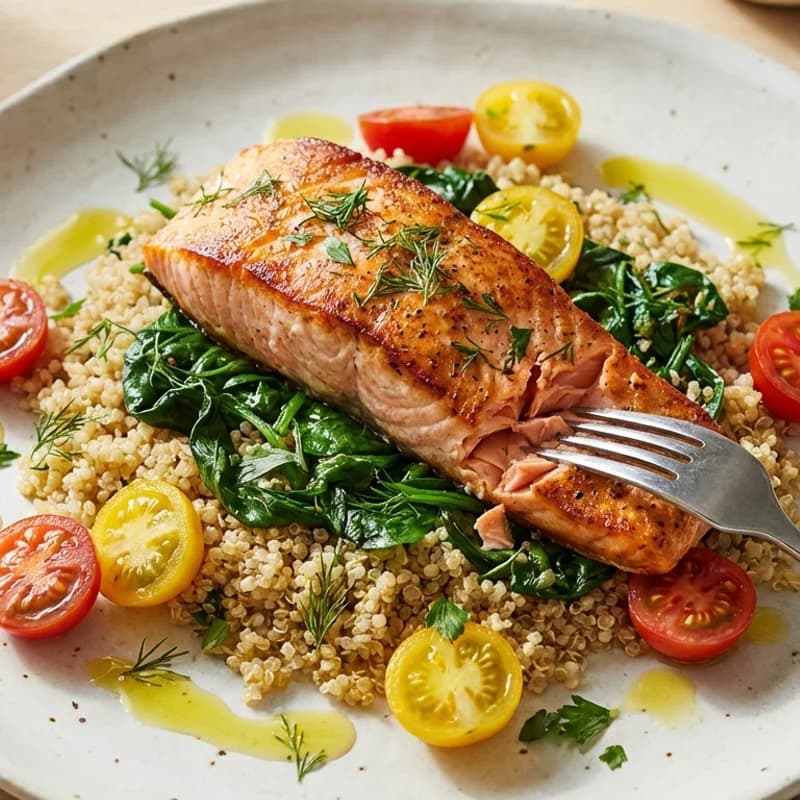 Salmon Quinoa Recovery Bowl - Seared salmon over quinoa with spinach and cherry tomatoes to replenish protein 