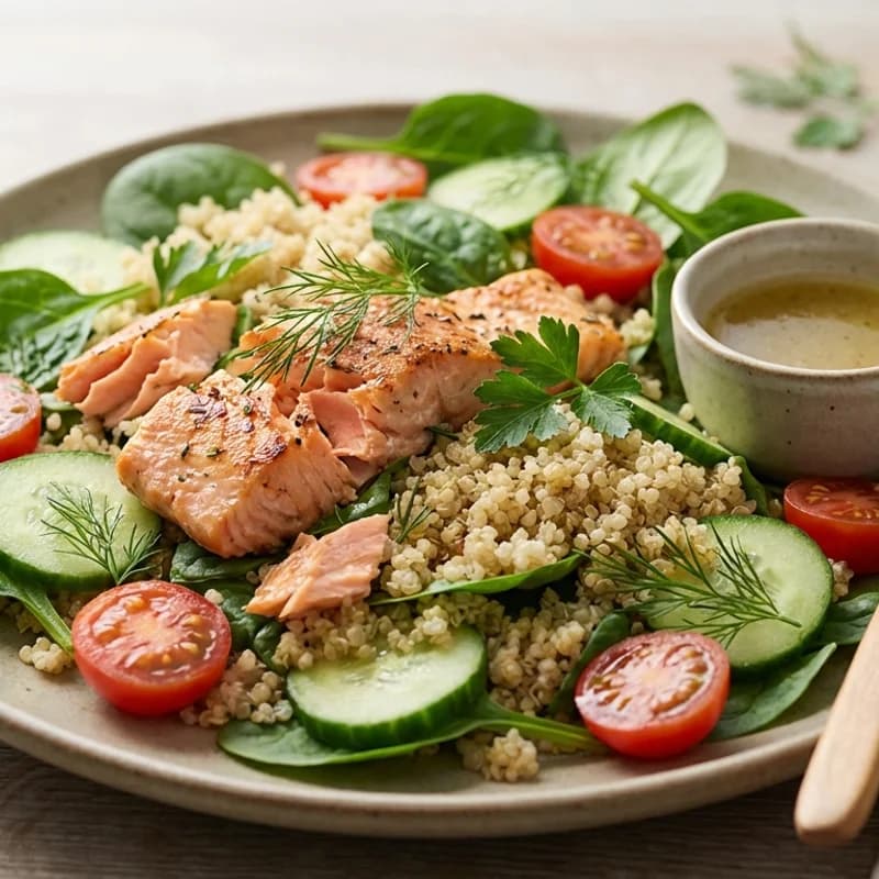 Salmon Quinoa Salad Bowl - Flaky baked salmon over quinoa with spinach, cucumber, and cherry tomatoes. Fini