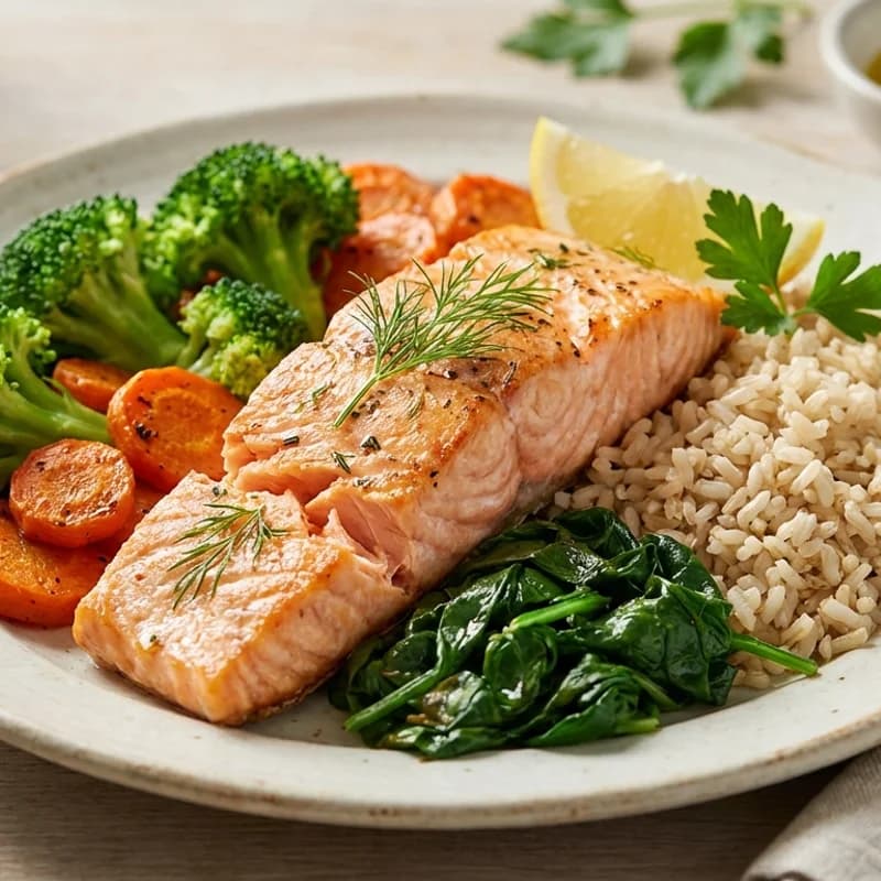 Salmon Vegetable Rice Bowl (Low Sodium) - Seared salmon served over brown rice with broccoli, carrots, and spinach, finish