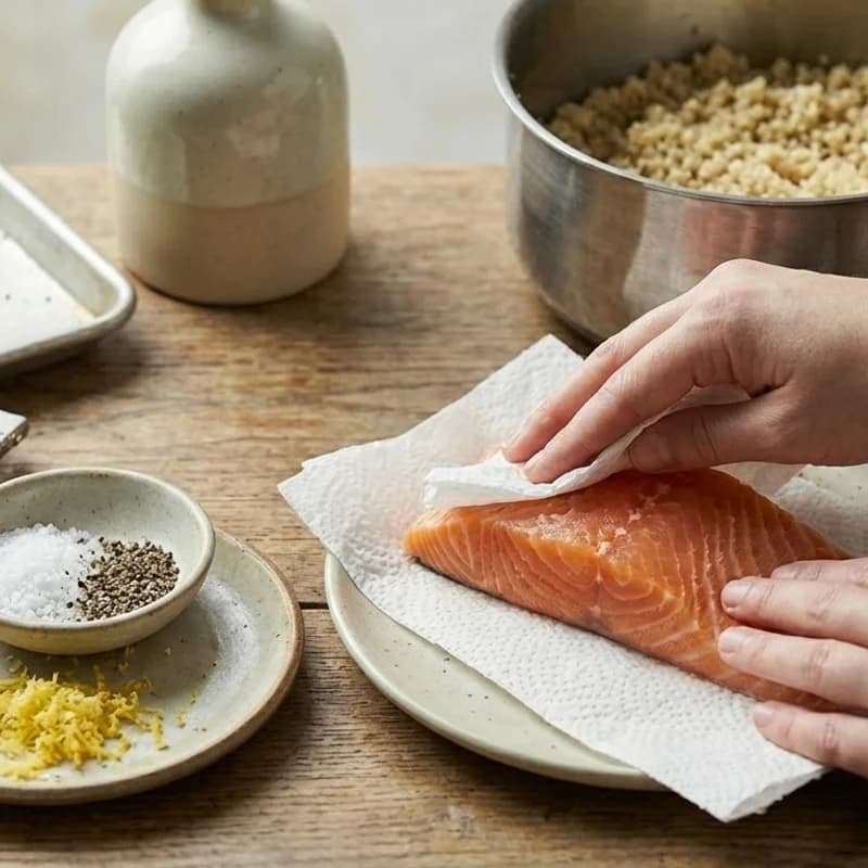 Step 3: Pat salmon dry and season with salt, pepper, and lemon zest.