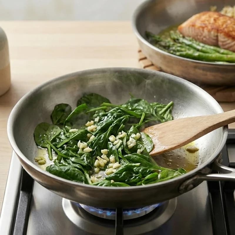 Step 7: In another pan, sauté spinach with garlic until wilted, abou