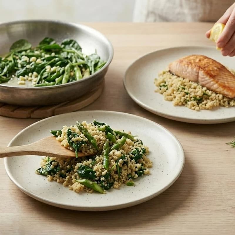 Step 8: Divide quinoa between plates, top with spinach, asparagus, a