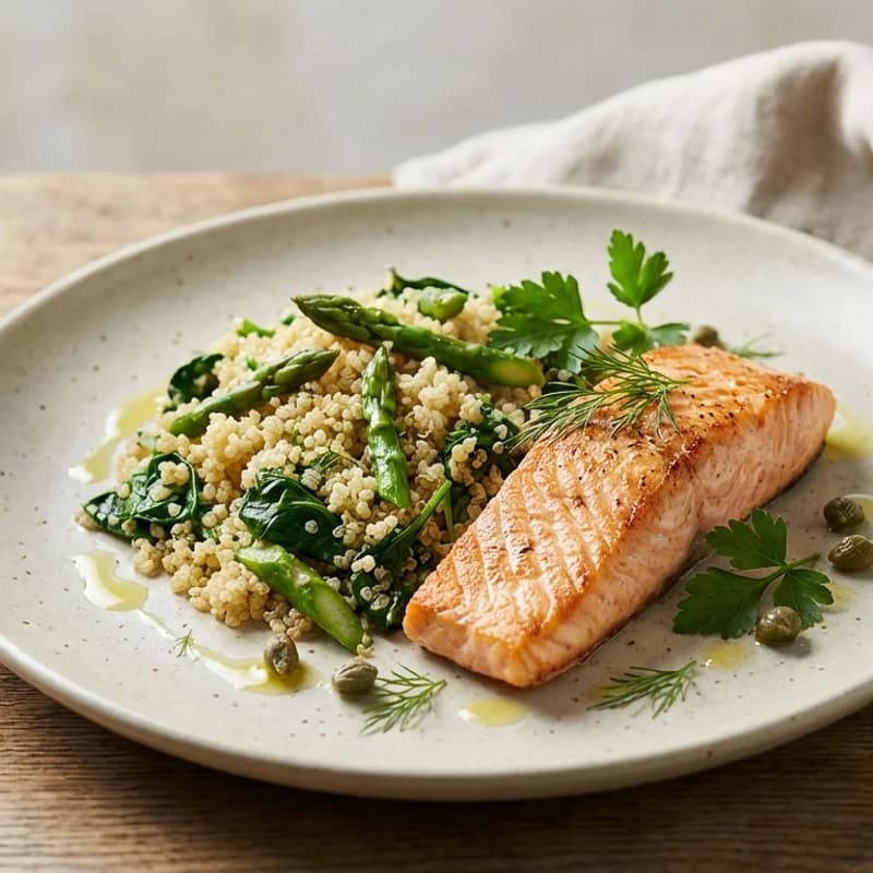 Salmon with Quinoa & Greens - Perfectly seared salmon fillet served over protein-rich quinoa with sautéed spin