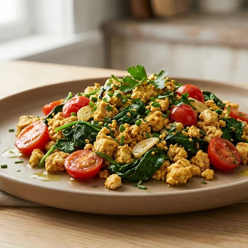 Savory Tofu & Spinach Scramble (Low Sodium) - Tofu crumbles with spinach, cherry tomatoes, and turmeric for a plant-powered, k