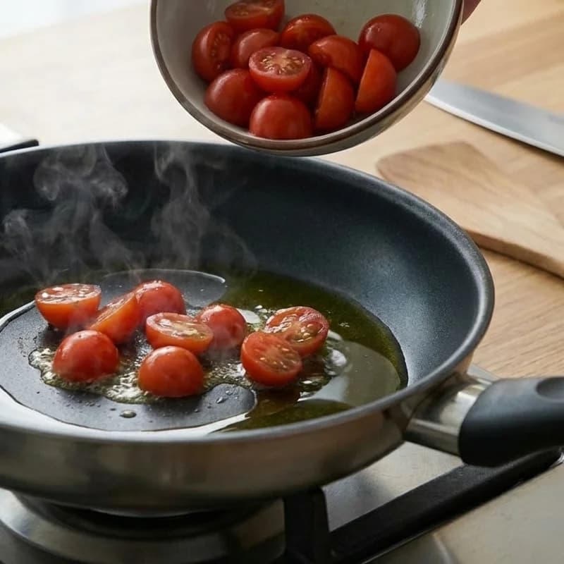 Step 2: Add cherry tomatoes and cook 2 minutes until softened.