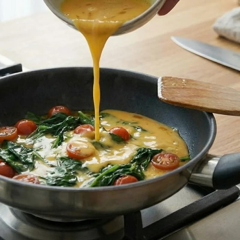 Step 4: Pour in beaten eggs and tilt the pan to coat the surface eve