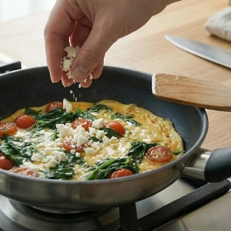 Step 5: Cook 3-4 minutes until the edges are set, sprinkle feta over