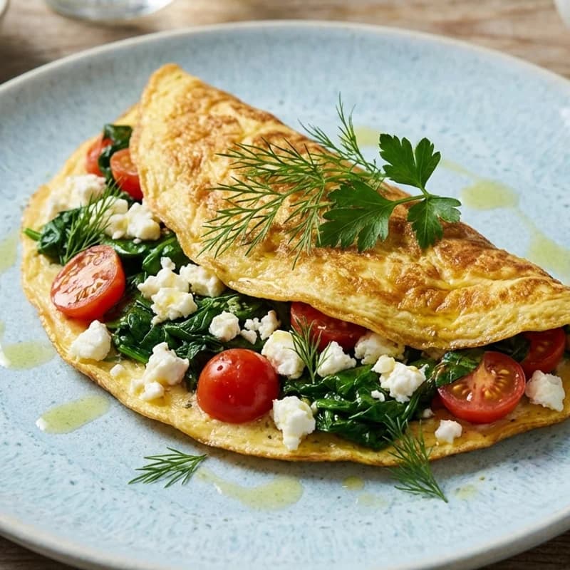 Spinach & Feta Omelette - Fluffy three-egg omelette filled with wilted spinach, sweet cherry tomatoes, and