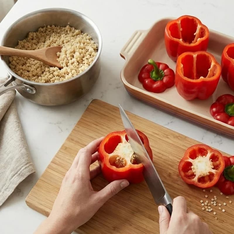 Step 2: Cut the tops off bell peppers and remove seeds and membranes