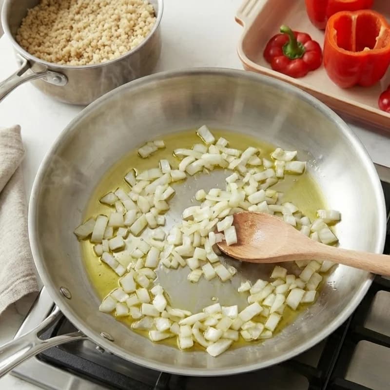 Step 3: Heat olive oil in a pan over medium heat. Sauté onion until 