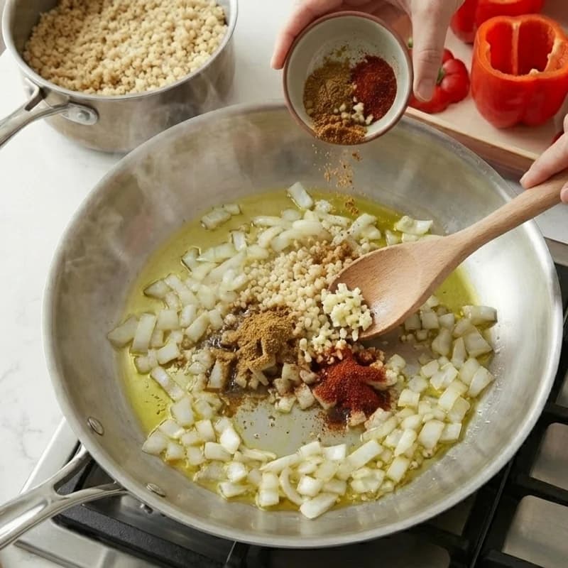 Step 4: Add garlic, cumin, and chili powder. Cook for 1 minute until