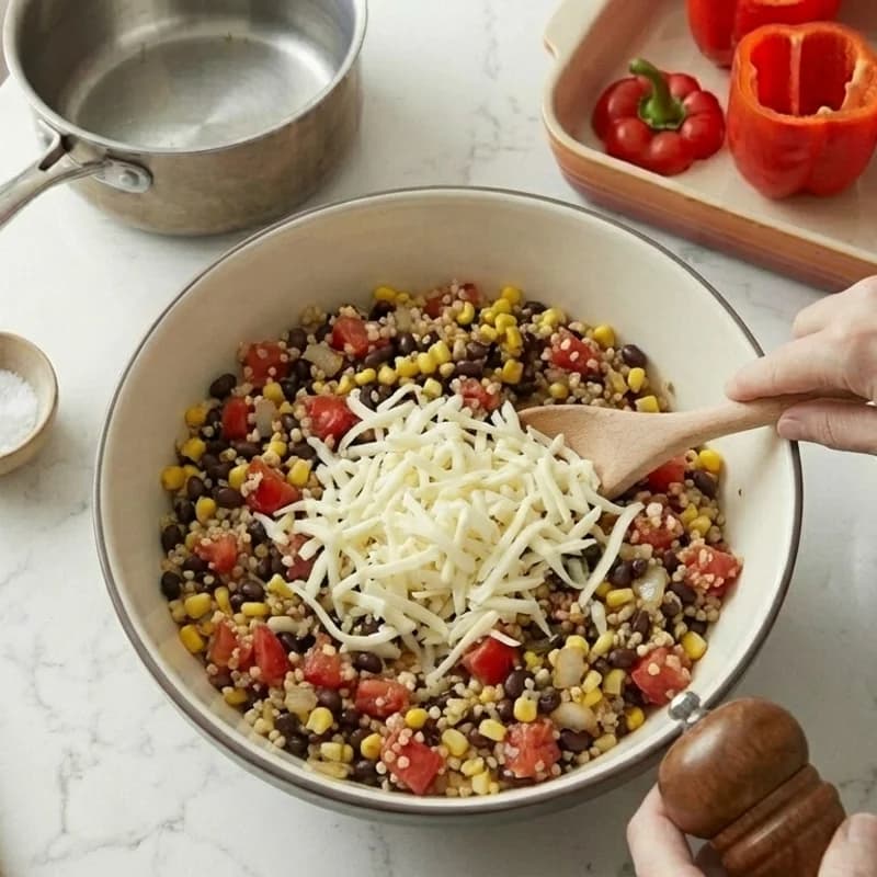 Step 6: Mix in half the shredded mozzarella. Season with salt and pe