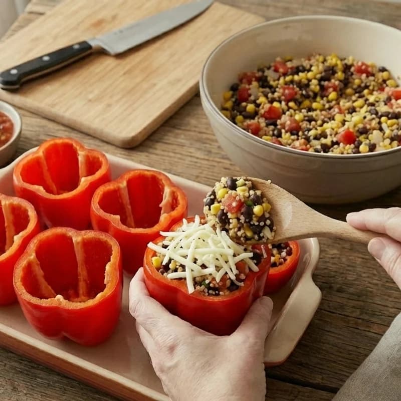 Step 7: Fill each pepper with the quinoa mixture. Top with remaining