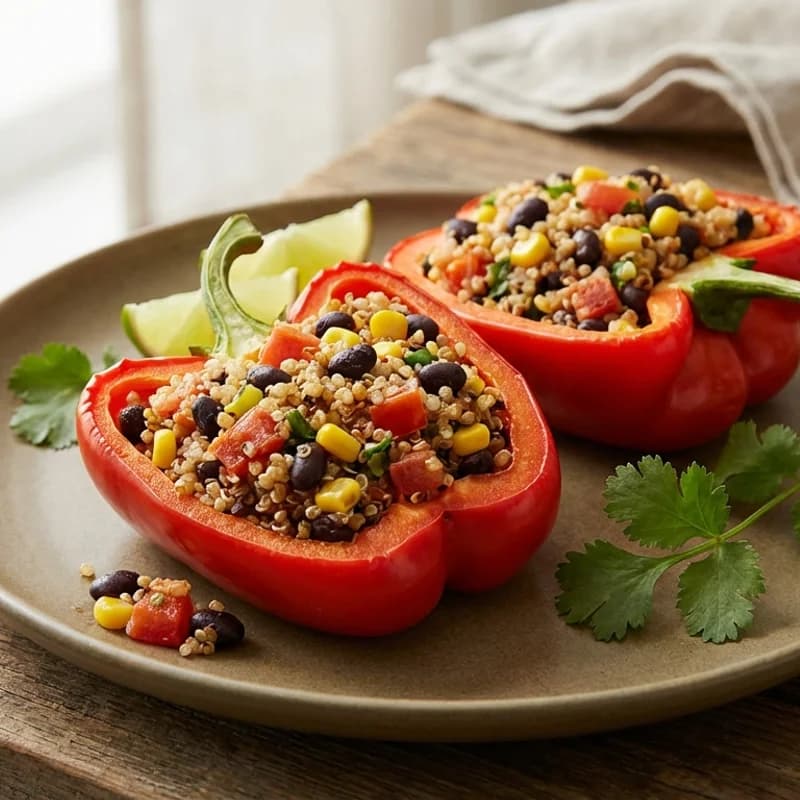 Stuffed Bell Peppers - Colorful bell peppers filled with a hearty mixture of quinoa, black beans, corn,
