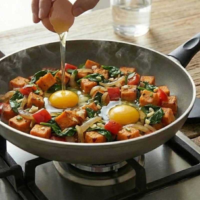 Step 5: Create two small wells in the hash and crack an egg into eac