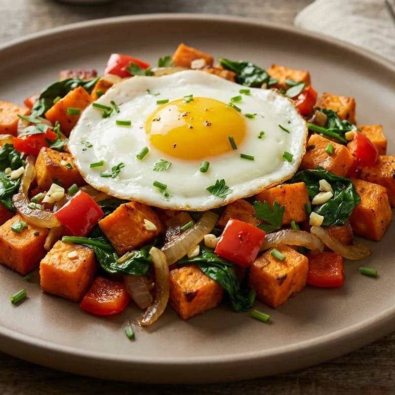 Sweet Potato & Egg Hash - Golden sweet potato cubes sautéed with peppers, onion, and spinach, topped with 