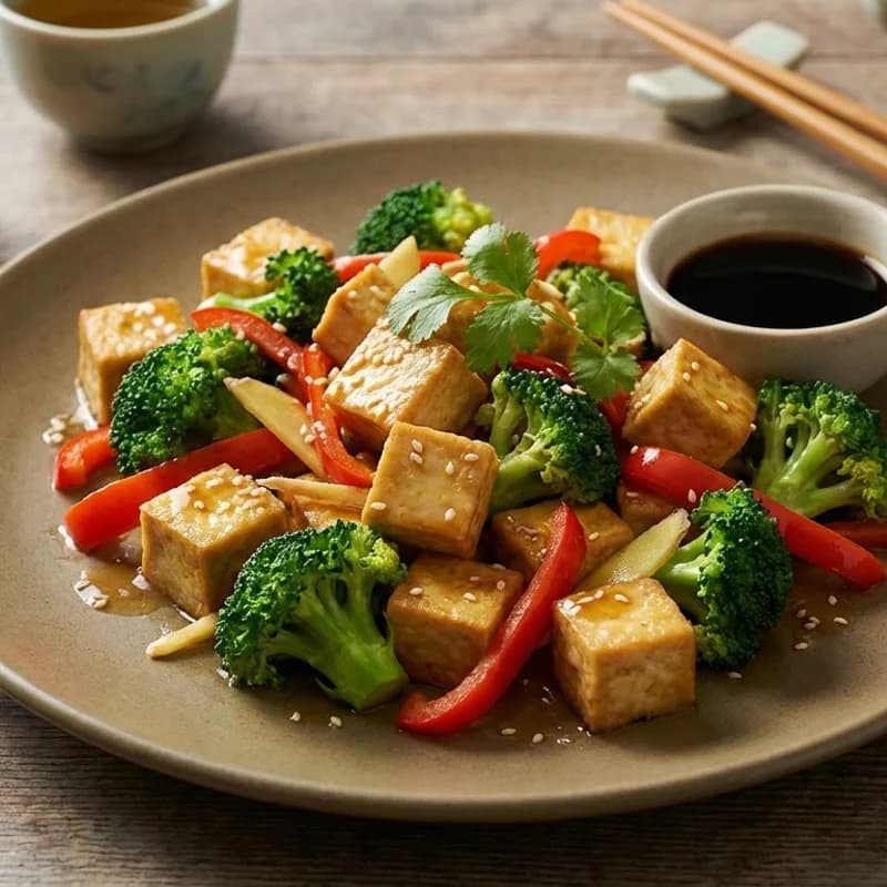 Tofu Broccoli Ginger Stir-Fry - Crisp tofu cubes tossed with broccoli and bell pepper in a ginger-garlic soy gla