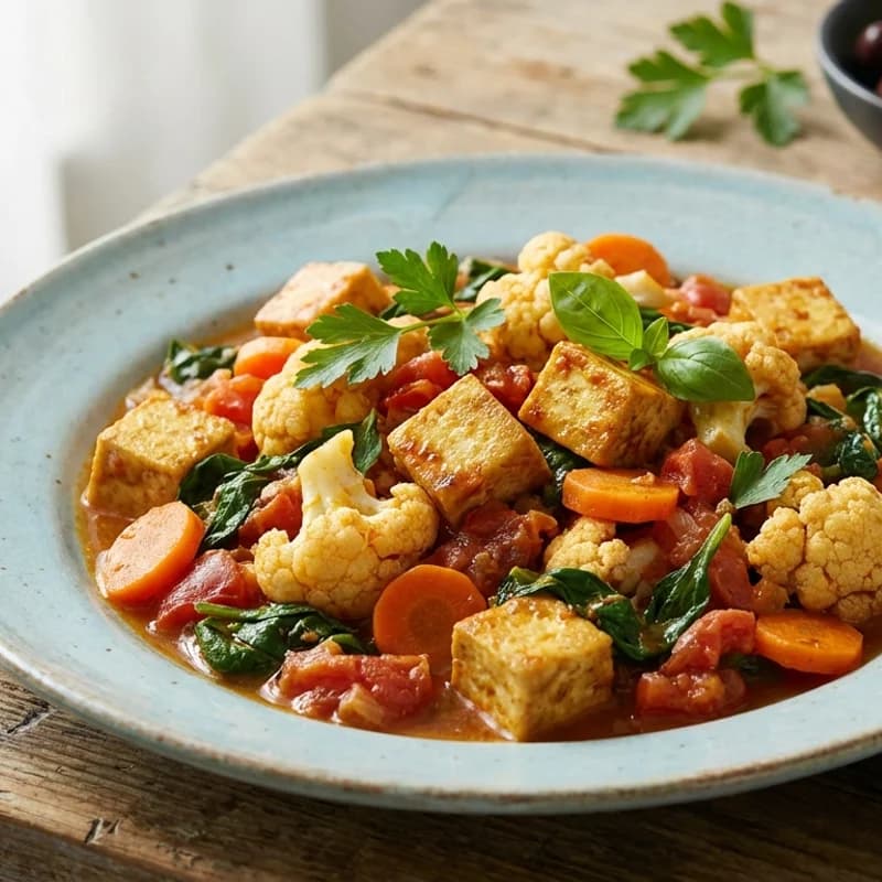 Tofu Cauliflower Vegetable Stew (Low Sodium) - Hearty vegetable stew with tofu, cauliflower, carrots, spinach, and tomatoes sim