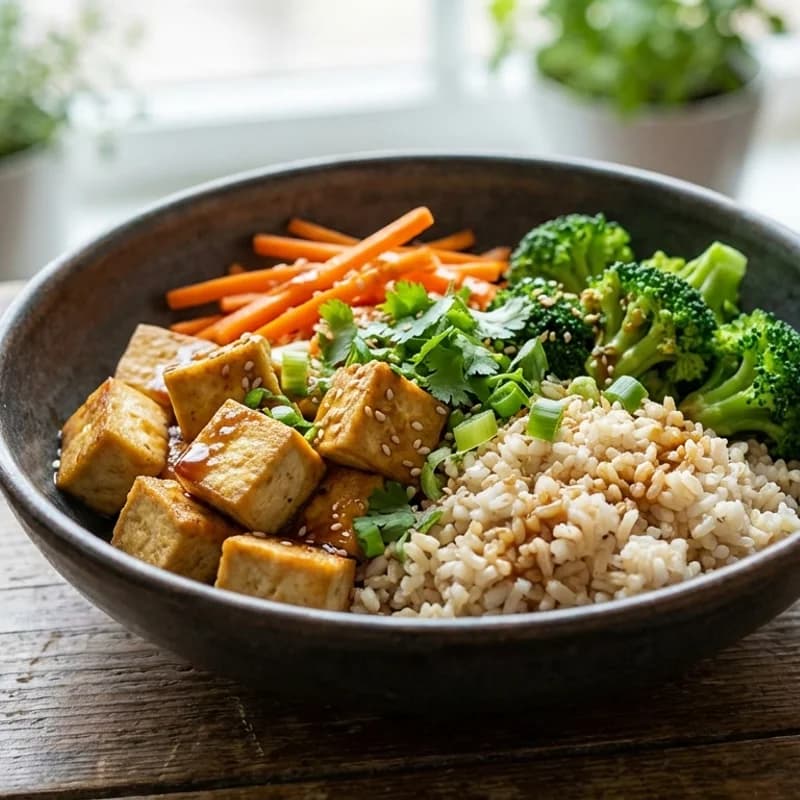 Tofu Ginger Brown Rice Bowl - Crispy pan-seared tofu with broccoli and carrots in a soy-ginger sauce, served o