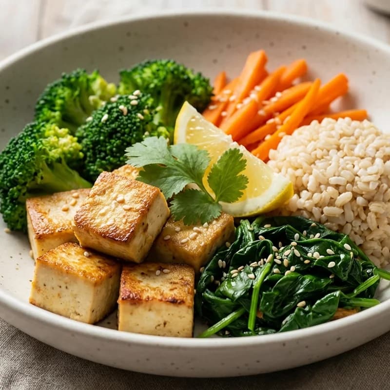 Tofu Vegetable Rice Bowl with Lemon (Low Sodium) - Crisp tofu with broccoli, carrots, and spinach over rice, dressed with lemon and