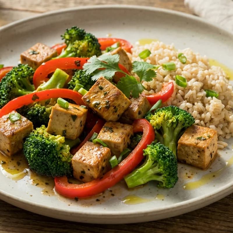Tofu Veggie Post-Workout Stir-Fry - Crispy tofu with broccoli and bell pepper over brown rice to restore glycogen an