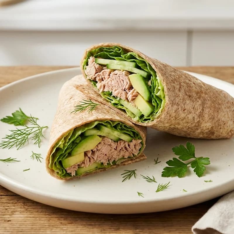 Tuna Avocado Whole Wheat Wrap - Creamy avocado mashed with lemon and flaky tuna, wrapped in a whole wheat tortil