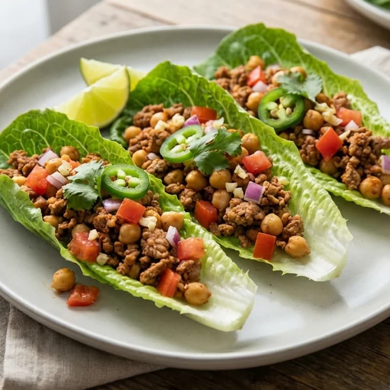 Turkey Chickpea Lettuce Cups - Ground turkey sautéed with chickpeas, tomatoes, and spices, scooped into crisp r