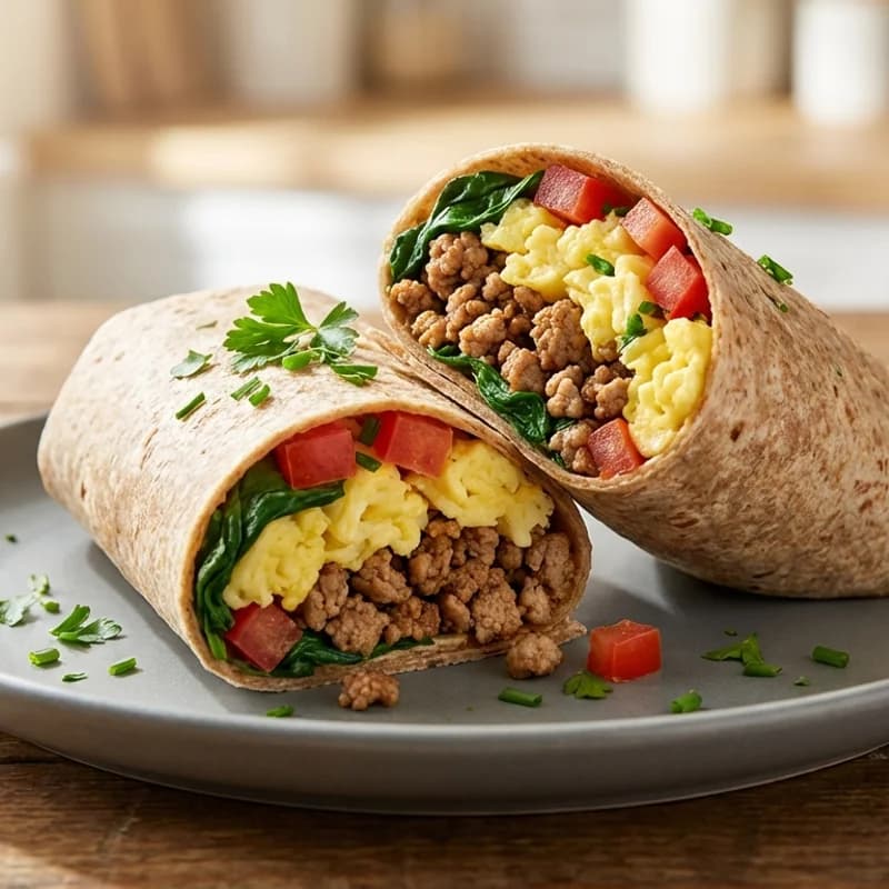 Turkey & Veggie Breakfast Wrap - A protein-packed breakfast wrap with lean ground turkey, scrambled eggs, and fre