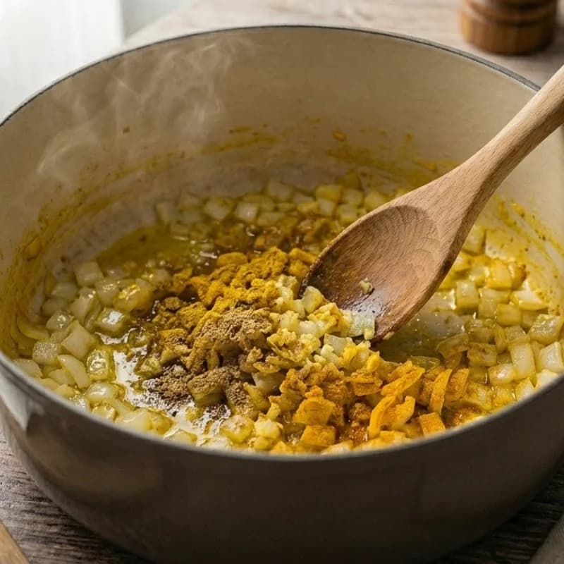 Step 3: Stir in curry powder, cumin, and turmeric. Cook for 30 secon