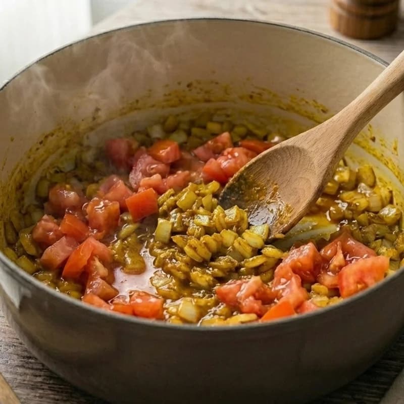 Step 4: Add diced tomatoes and cook for 3 minutes until they start t