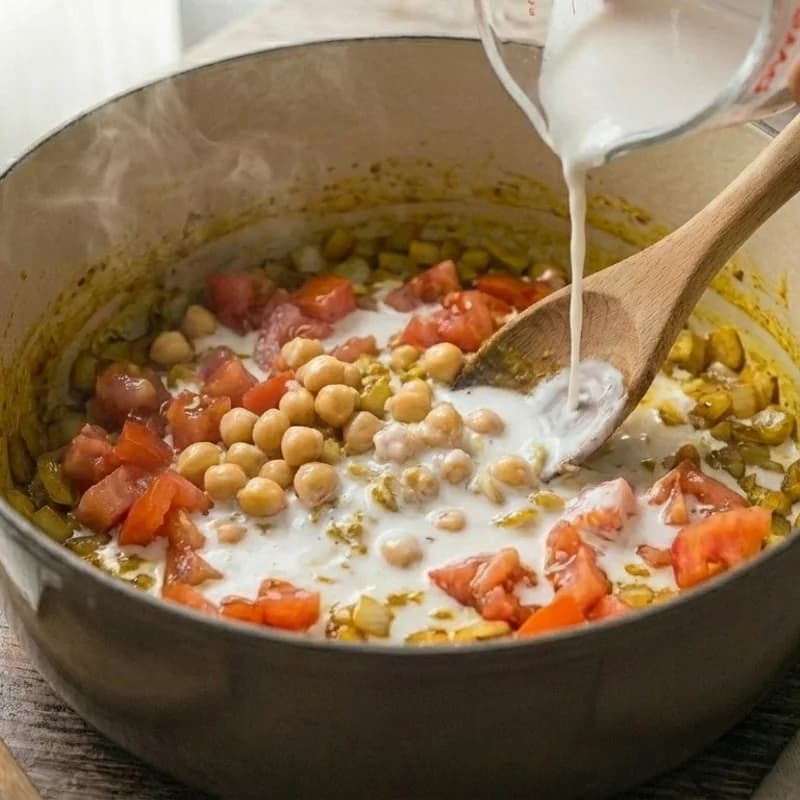 Step 5: Add chickpeas and coconut milk. Stir well and bring to a sim