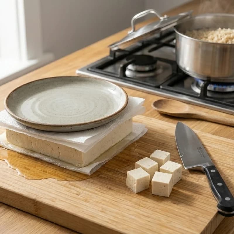 Step 2: Press tofu to remove excess water, then cut into 1-inch cube