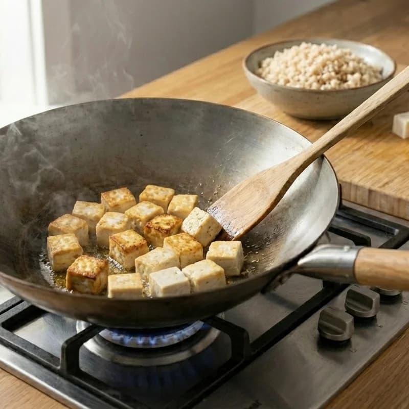 Step 4: Add tofu cubes and cook until golden brown on all sides, abo