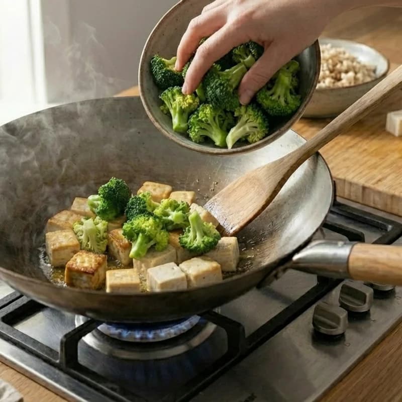 Step 5: Add broccoli and bell pepper to the pan. Stir fry for 4-5 mi