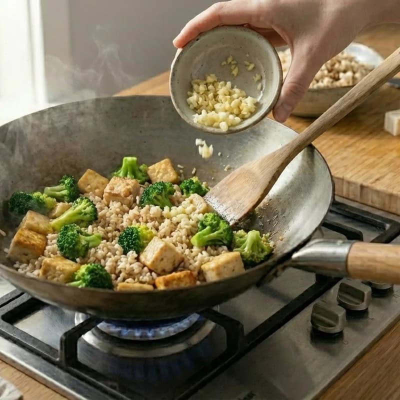 Step 6: Add garlic and ginger, stir fry for 30 seconds until fragran