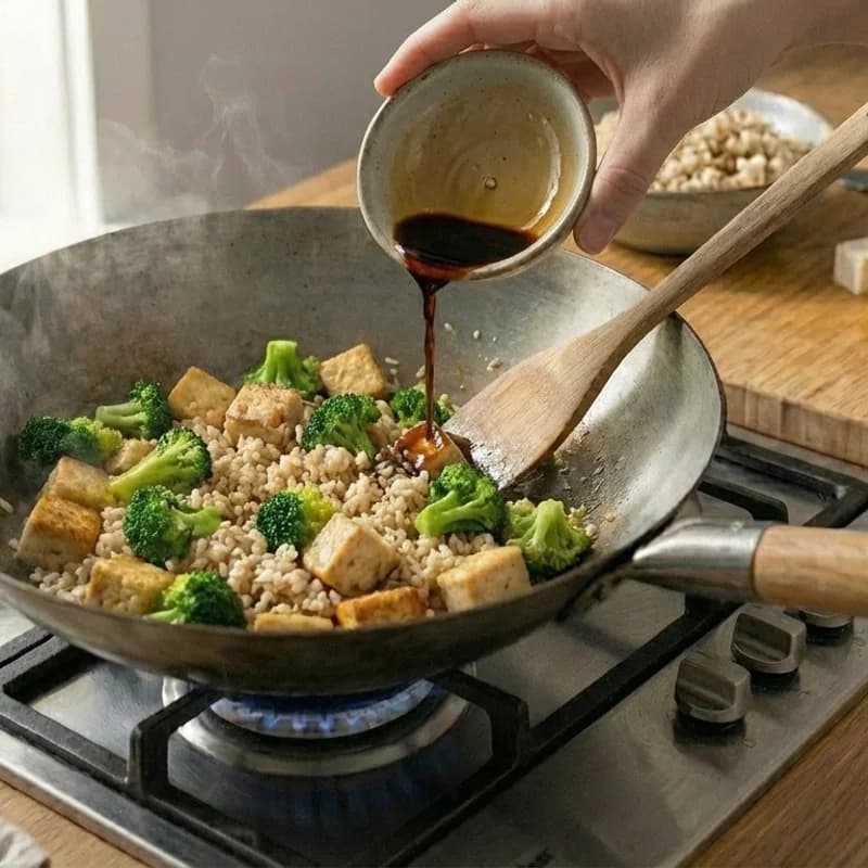 Step 7: Return tofu to the pan, add soy sauce, and toss everything t