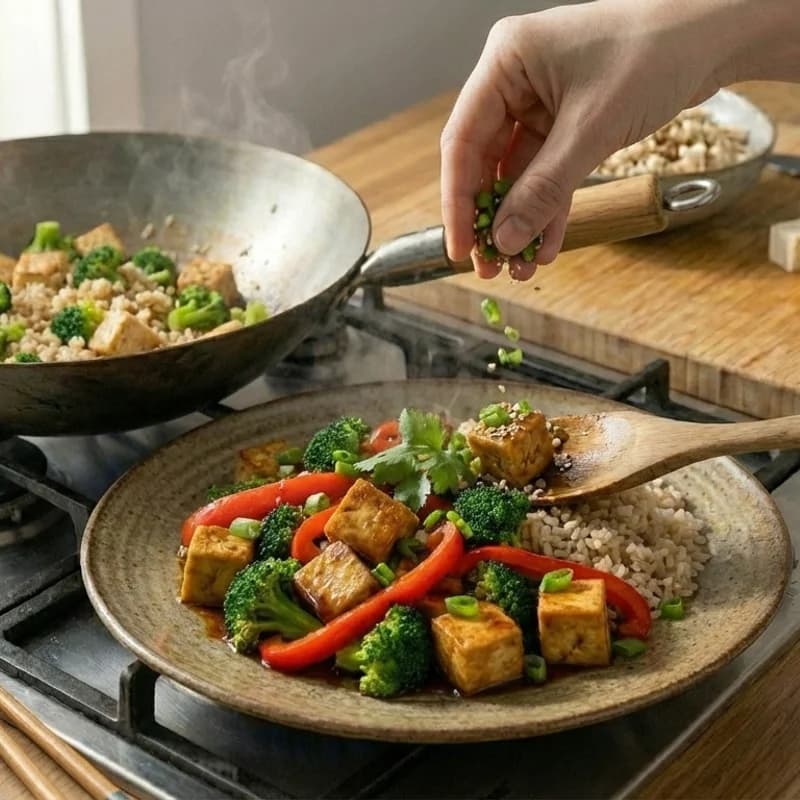 Step 8: Serve over brown rice, garnished with green onions and sesam