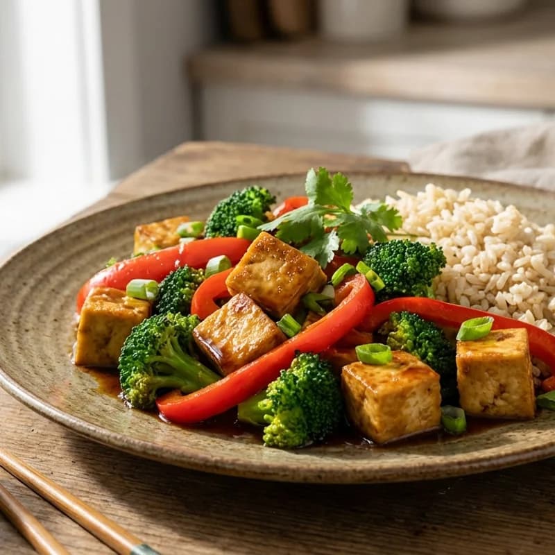 Vegetable Stir Fry with Tofu - A colorful Asian-inspired stir fry featuring crispy tofu, fresh broccoli, and be