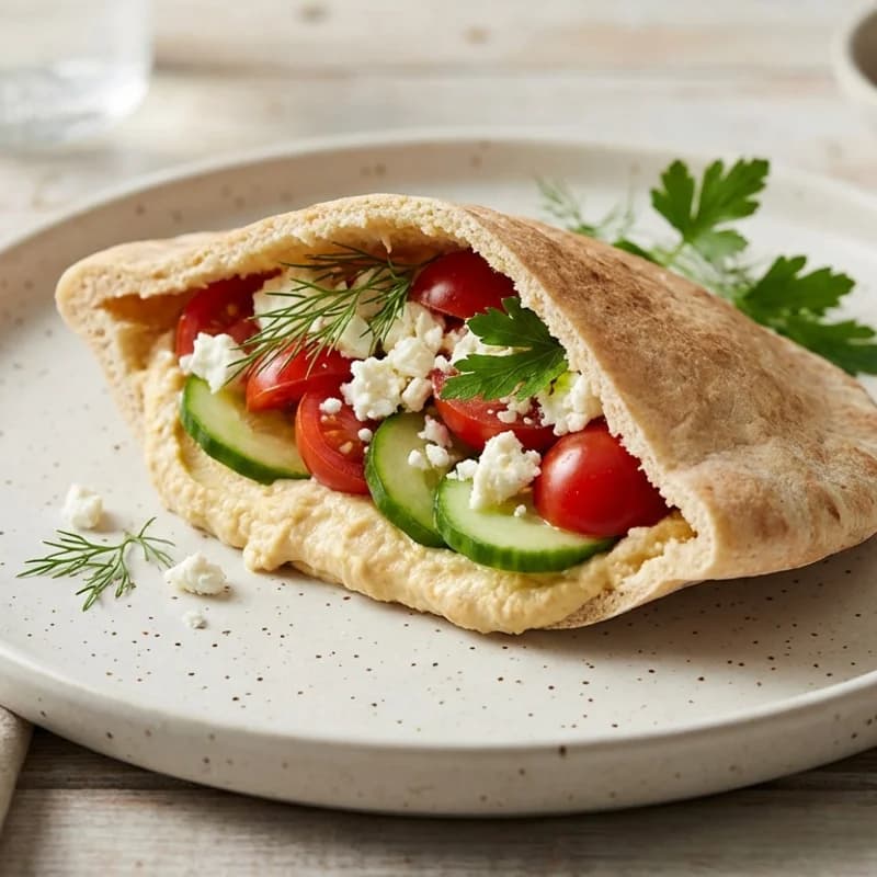 Veggie & Hummus Pita - A wholesome and filling pita pocket stuffed with creamy hummus, crisp fresh vege