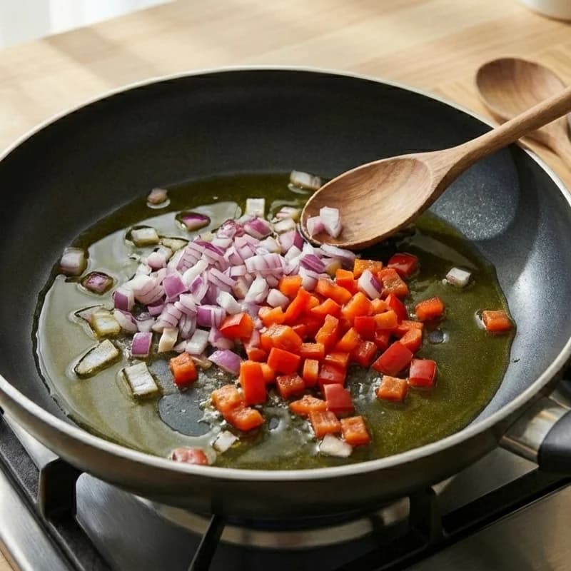 Step 2: Add diced onion and bell pepper, sauté for 3-4 minutes until