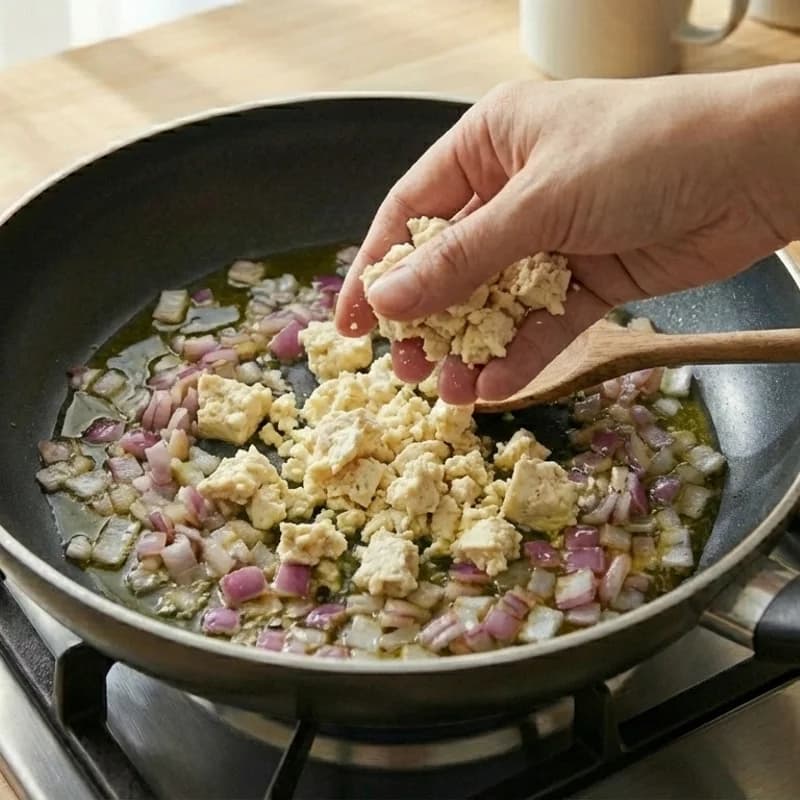 Step 4: Crumble the tofu into the pan with your hands, creating scra