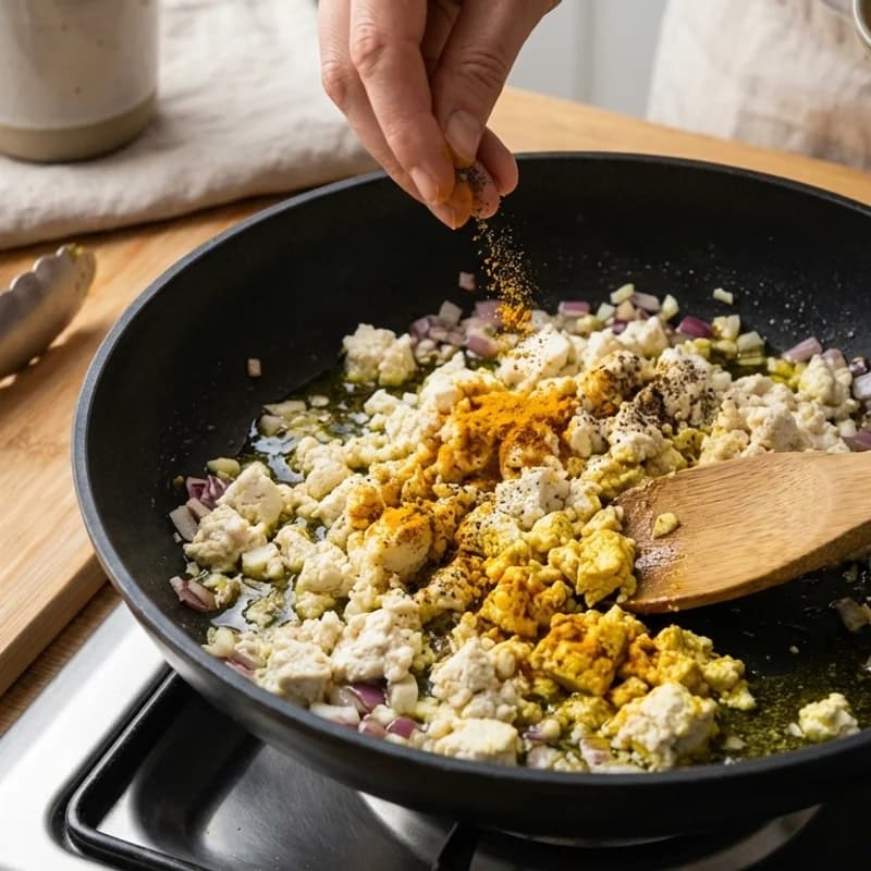 Step 5: Add turmeric and black pepper, stir well to coat the tofu ev