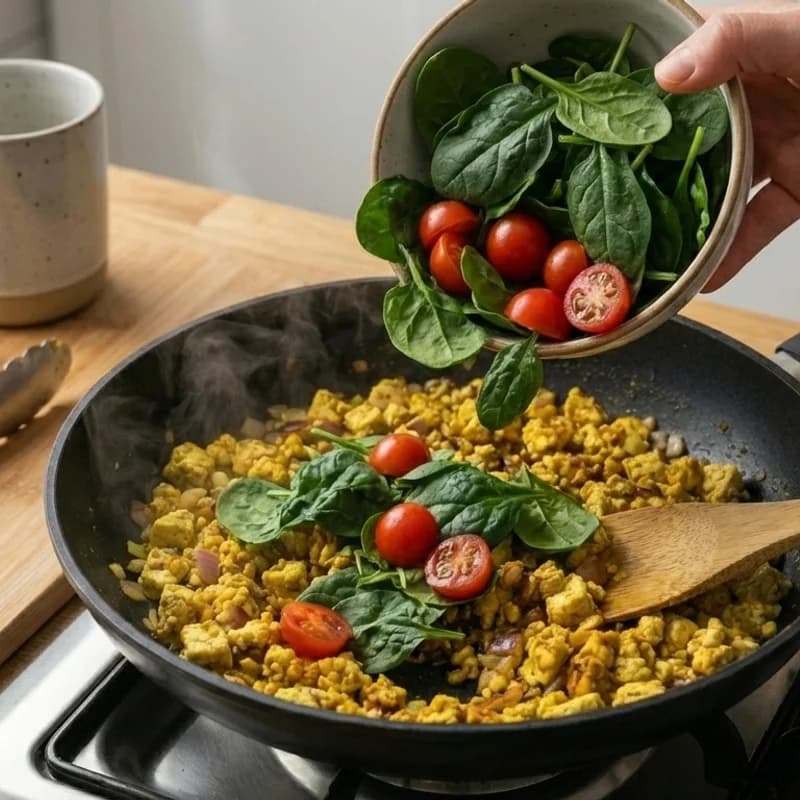 Step 7: Add diced tomatoes and spinach, cook for 2 more minutes unti