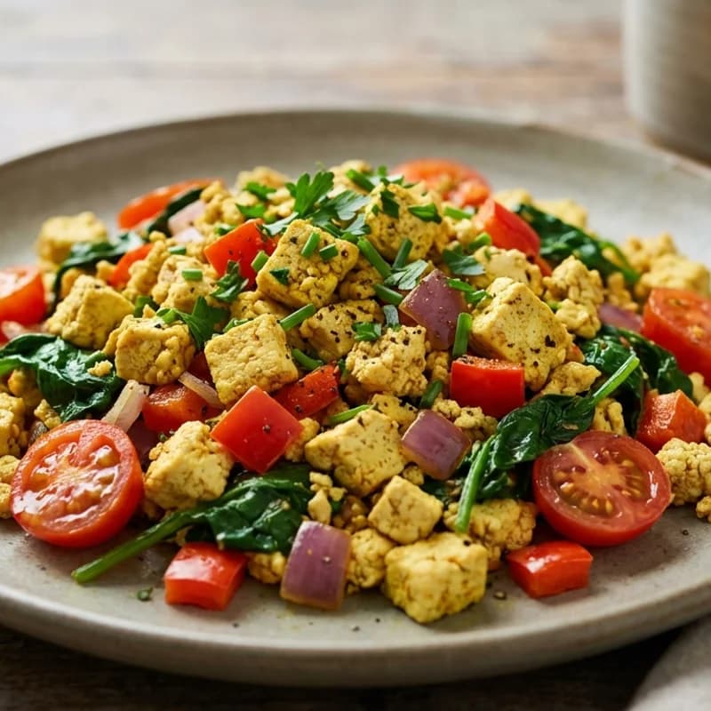 Veggie Tofu Scramble - A protein-packed vegan alternative to scrambled eggs. Seasoned tofu crumbles are