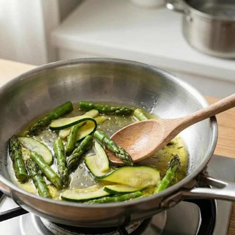 Step 3: Add asparagus and cook for 2 minutes. Add zucchini and bell 