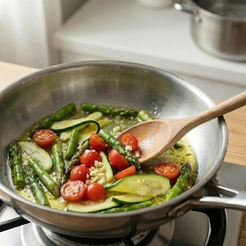 Step 4: Add cherry tomatoes and garlic, cook for 2 minutes until tom